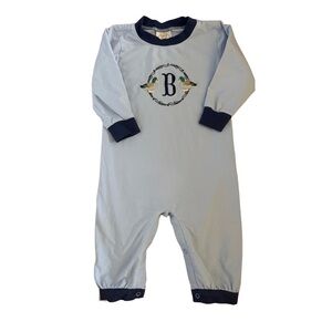 Little Bear Smocks Blue Baby Romper with Monogram
